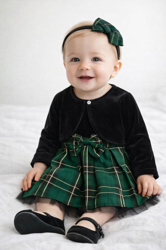  فستان اخضر  مع اكسسوار للشعر وكاردقان مخمل